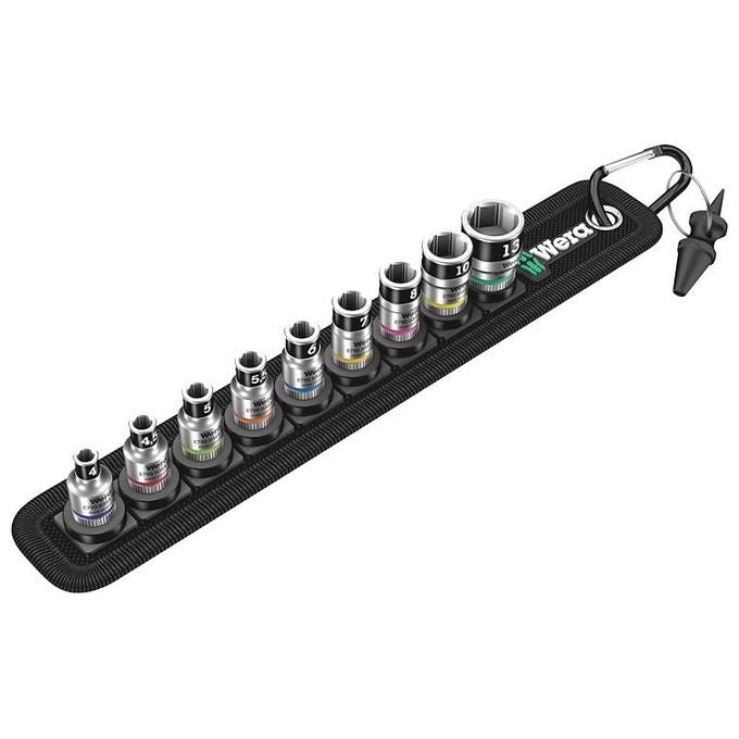 Wera 05003880001 Zyklop Set di Bussole 1-4'' con Funzione di Ritegno 9 Pezzi con Moschettone e Nastro Autoadesivo colore Nero