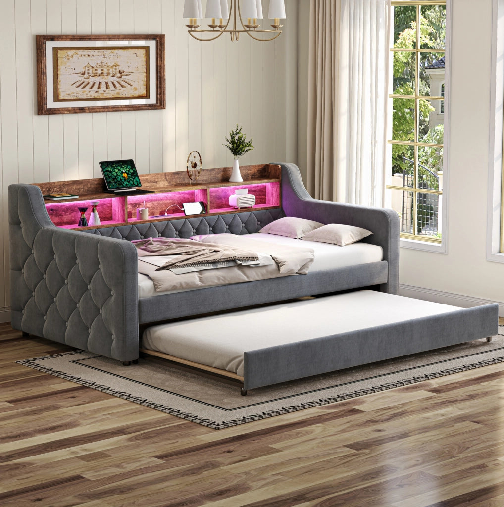 Divano letto 90x190 cm estraibile con contenitore in velluto grigio scuro