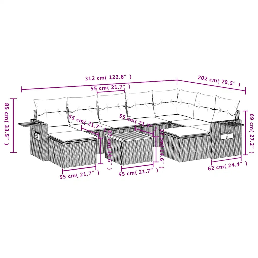 Set Divani da Giardino 10 pz con Cuscini Nero in Polyrattan 3224846