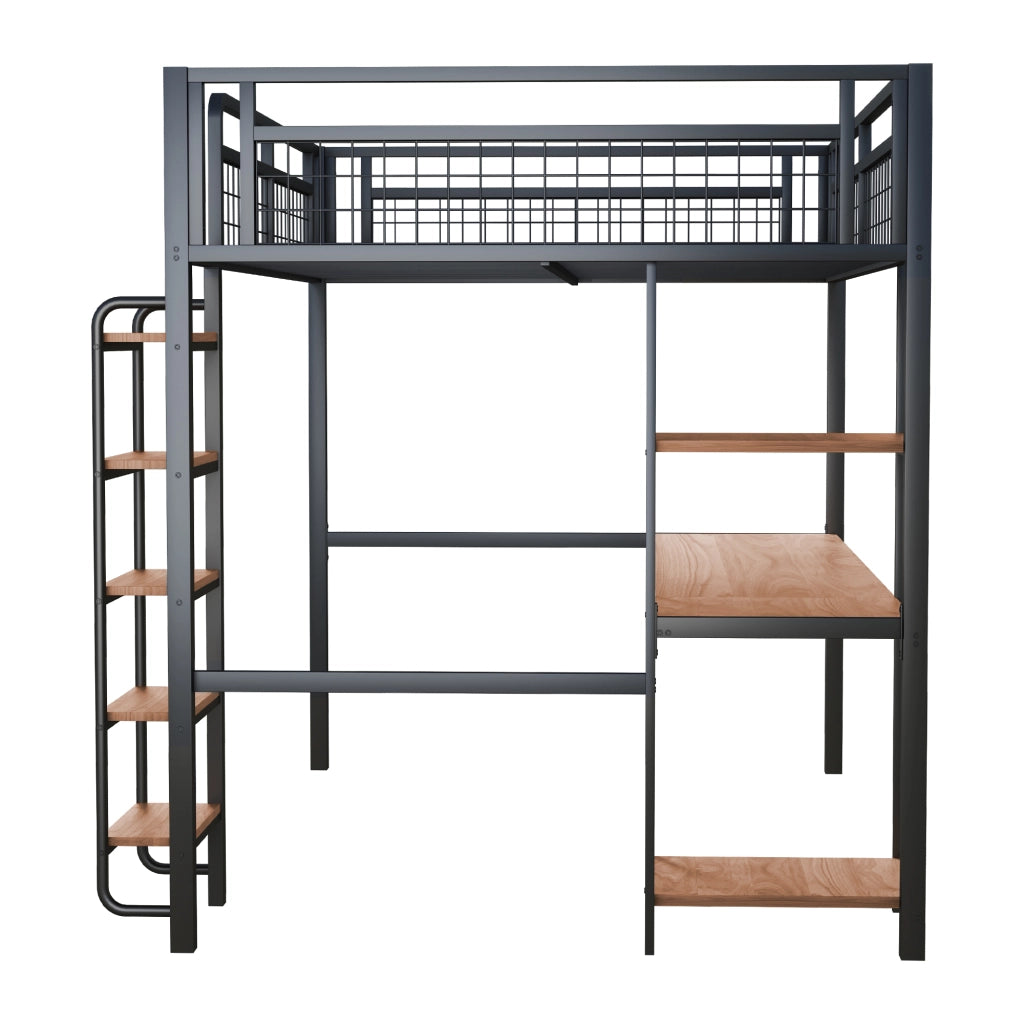 OKWISH Letto a Soppalco 140×200 cm, Letto Matrimoniale con Scala a Gradini, Scrivania e Mensole, senza Materasso, in Metallo, Nero