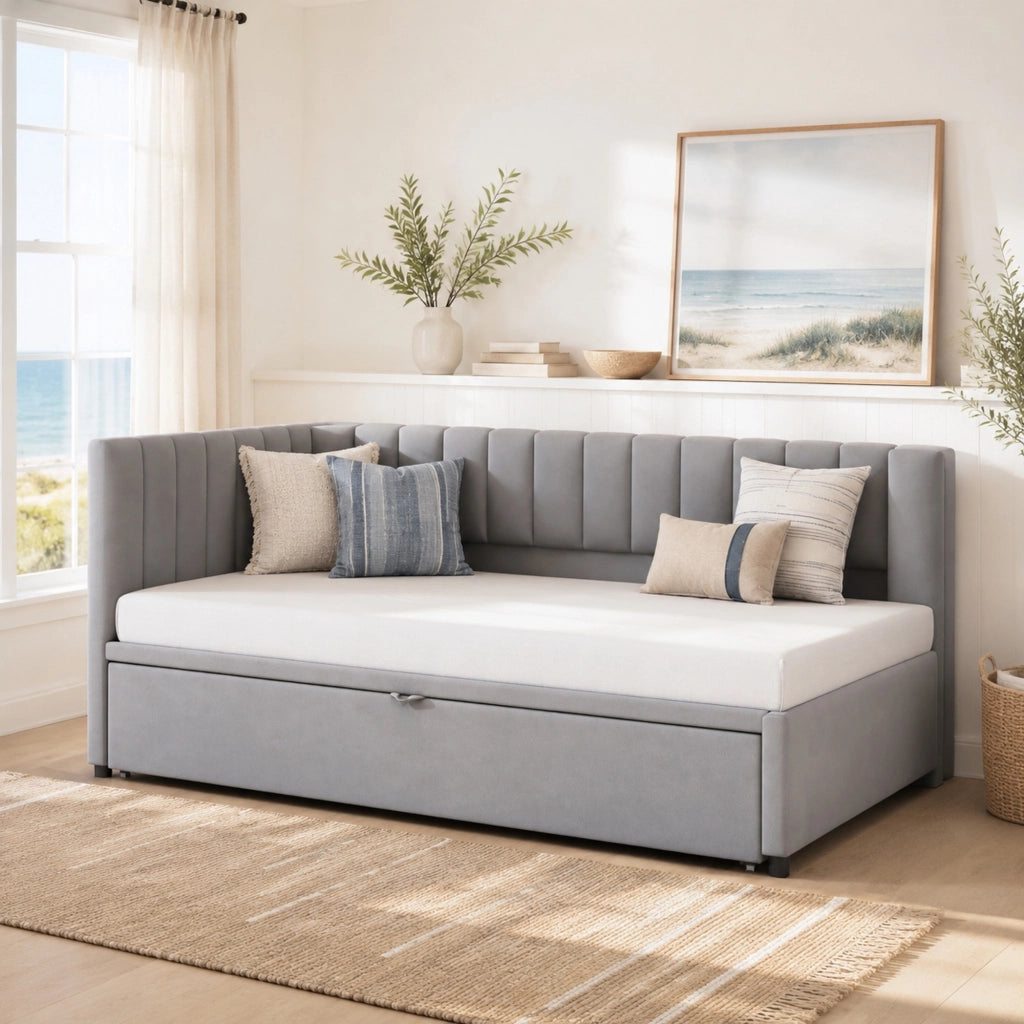 DIVANO LETTO angolare L 90x200 cm in velluto grigio estraibile