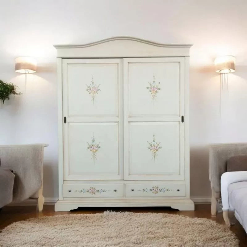 Armadio 2 ante scorrevoli legno shabby bianco anticato decori 180x67x225 - Mobili 2G
