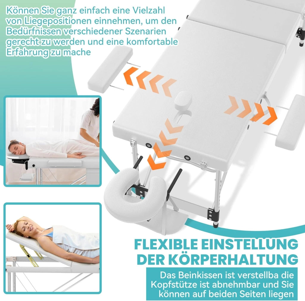 Lettino massaggiante pieghevole a 3 zone, altezza regolabile con braccioli, cuscino viso e custodia, in alluminio, colore: bianco