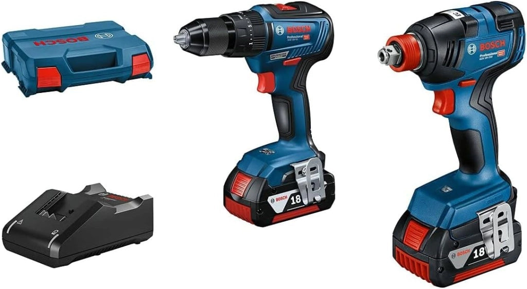 Bosch Professional 06019H5301 Trapano a Percussione Gsb 18 V 55, 2X2.0Ah Batterie e Caricatore, Diametro Foro in Muratura: 10 mm, in L-Boxx, Blu