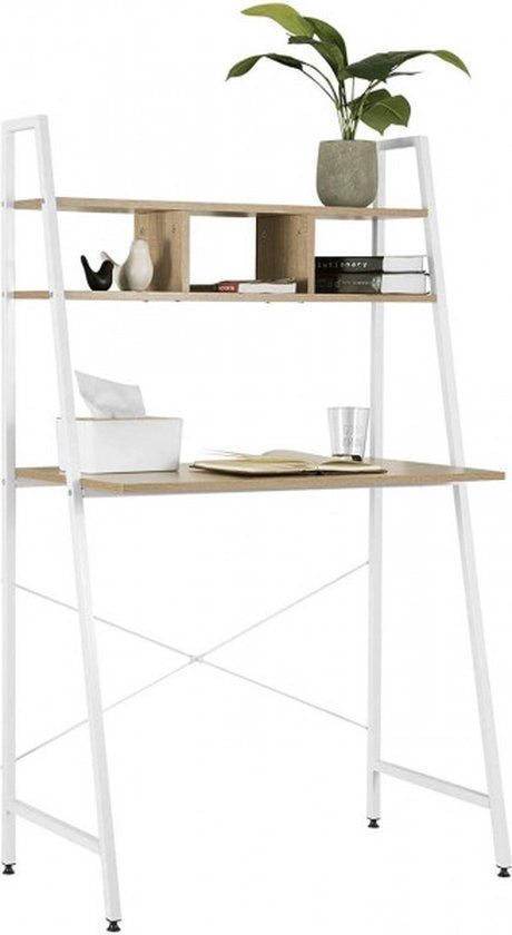 Scrivania Compatta con Ripiano - Pannello di Controllo - Scrivania per Ufficio - Adatta per Lavoro e Gioco - Laccato Bianco/Ebano 84x46x140