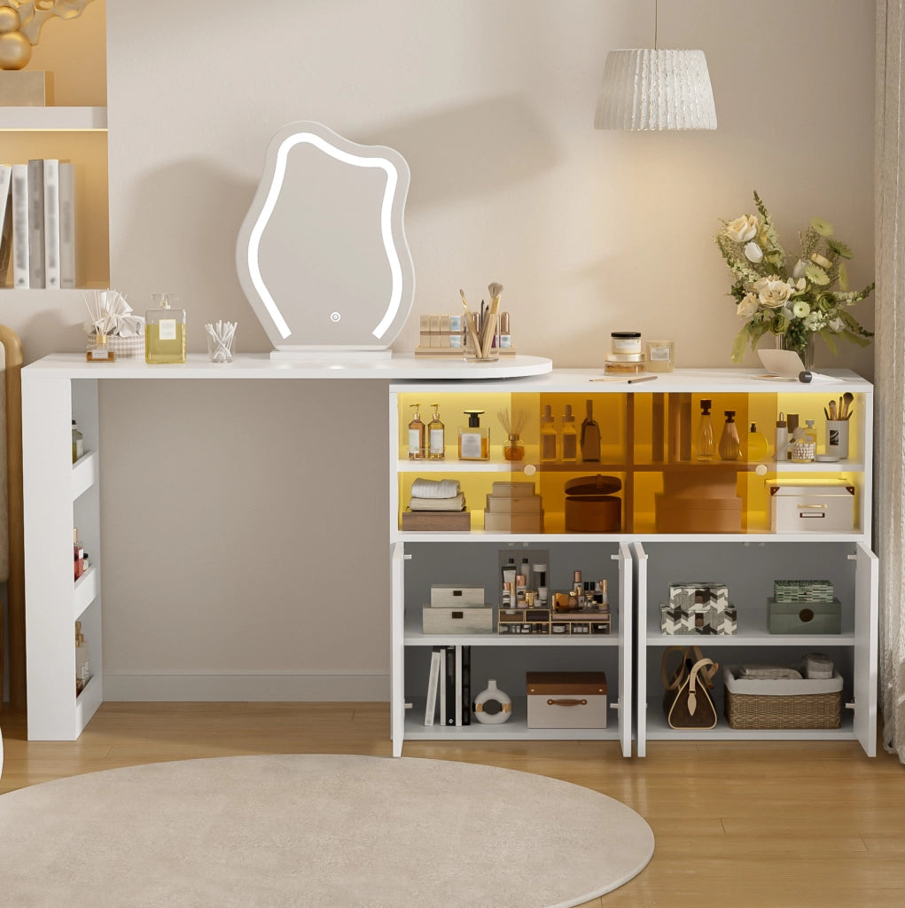 Toeletta girevole a L con specchio LED dimmerabile e contenitore, bianca 177×40×131,5 cm