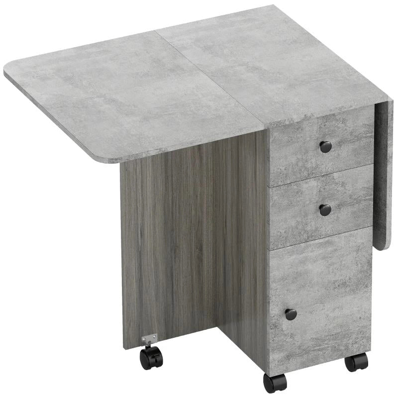 TAVOLO PIEGHEVOLE CON 2 CASSETTI E ARMADIETTO, 6 ROTELLE E FRENI, 120X60X76.5 CM, GRIGIO LEGNO E ROCCIA