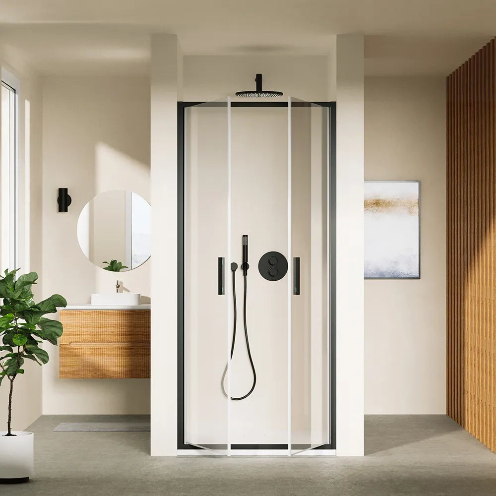 Porta doccia 80cm con apertura saloon profili slim nero opaco vetro 6mm trasparente h190 | Portofino