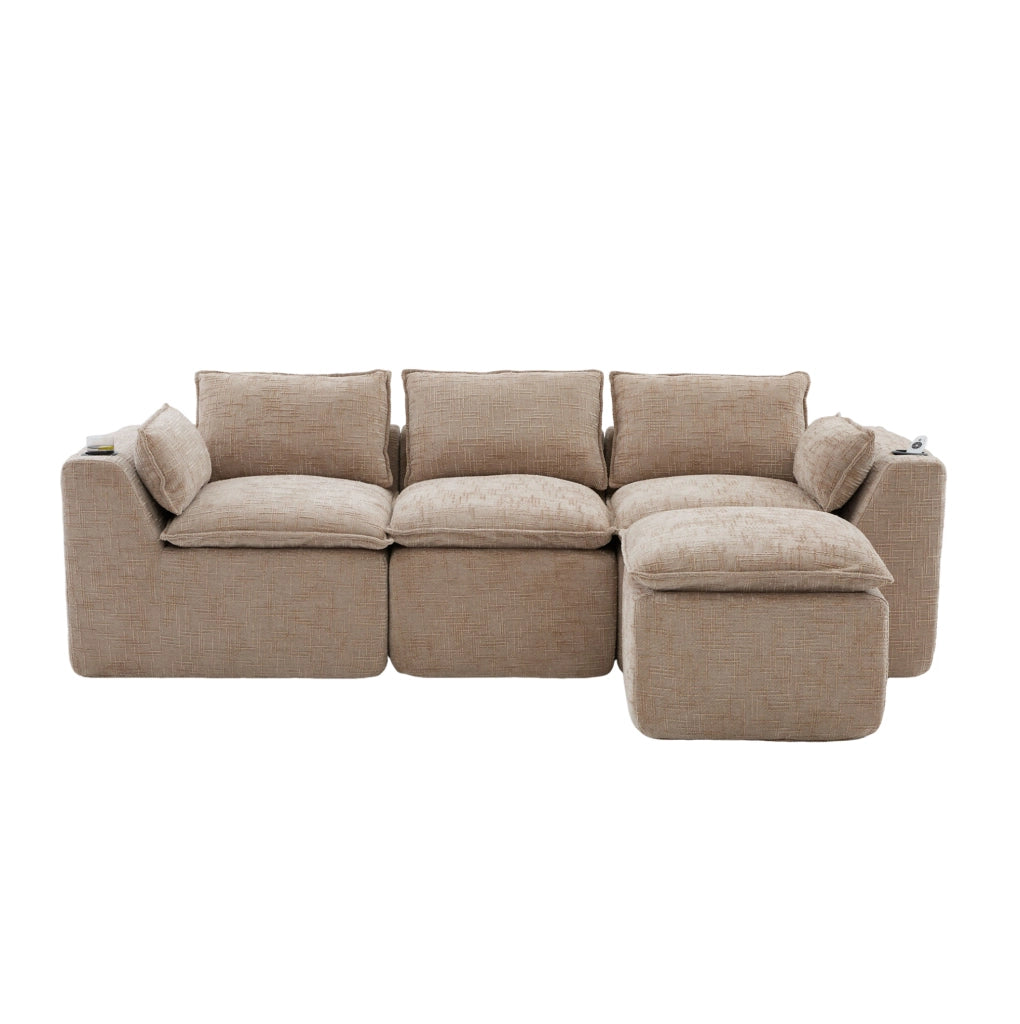 Divano modulare 256x161 cm khaki in chenille, con pouf e tasche laterali