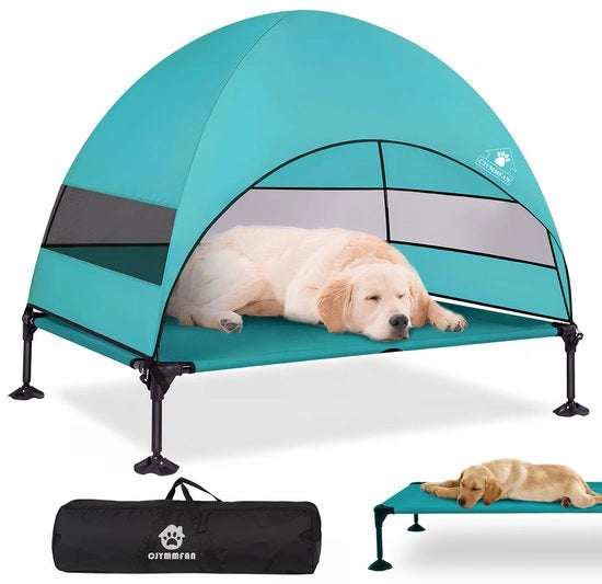 Letto per cani elevato con ombrello, sedia esterna elevata per il sole con tacchetti antiscivolo, portatile con ombra su tre lati, divano per cani per campeggio, giardino, spiaggia e piscina