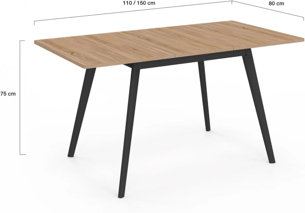 INGA Tavolo rettangolare allungabile scandinavo 4-8 persone piano in legno gambe nere 110-150 cm