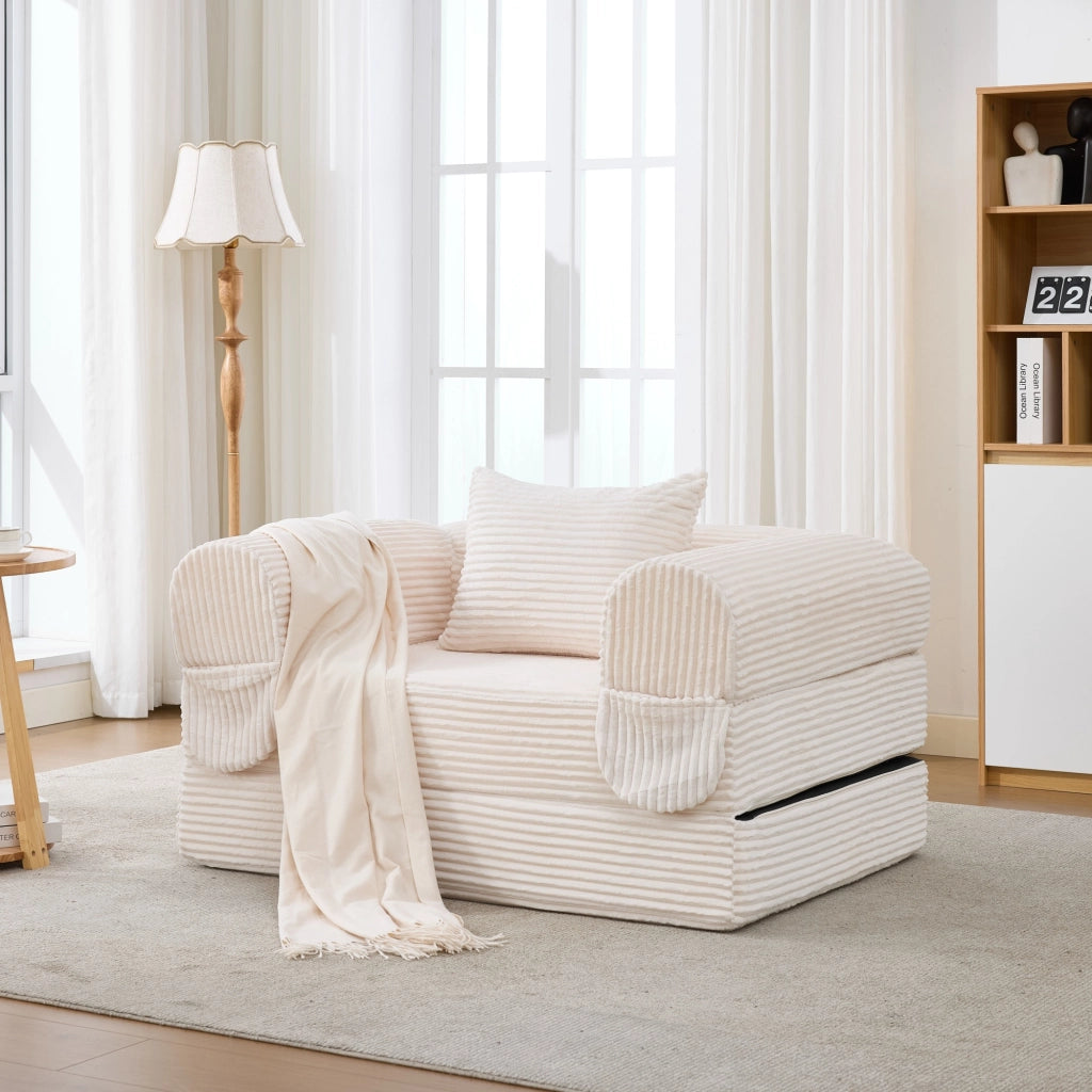 Poltrona letto convertibile 2 in 1 senza montaggio con cuscino in tessuto effetto velluto a coste beige compatta
