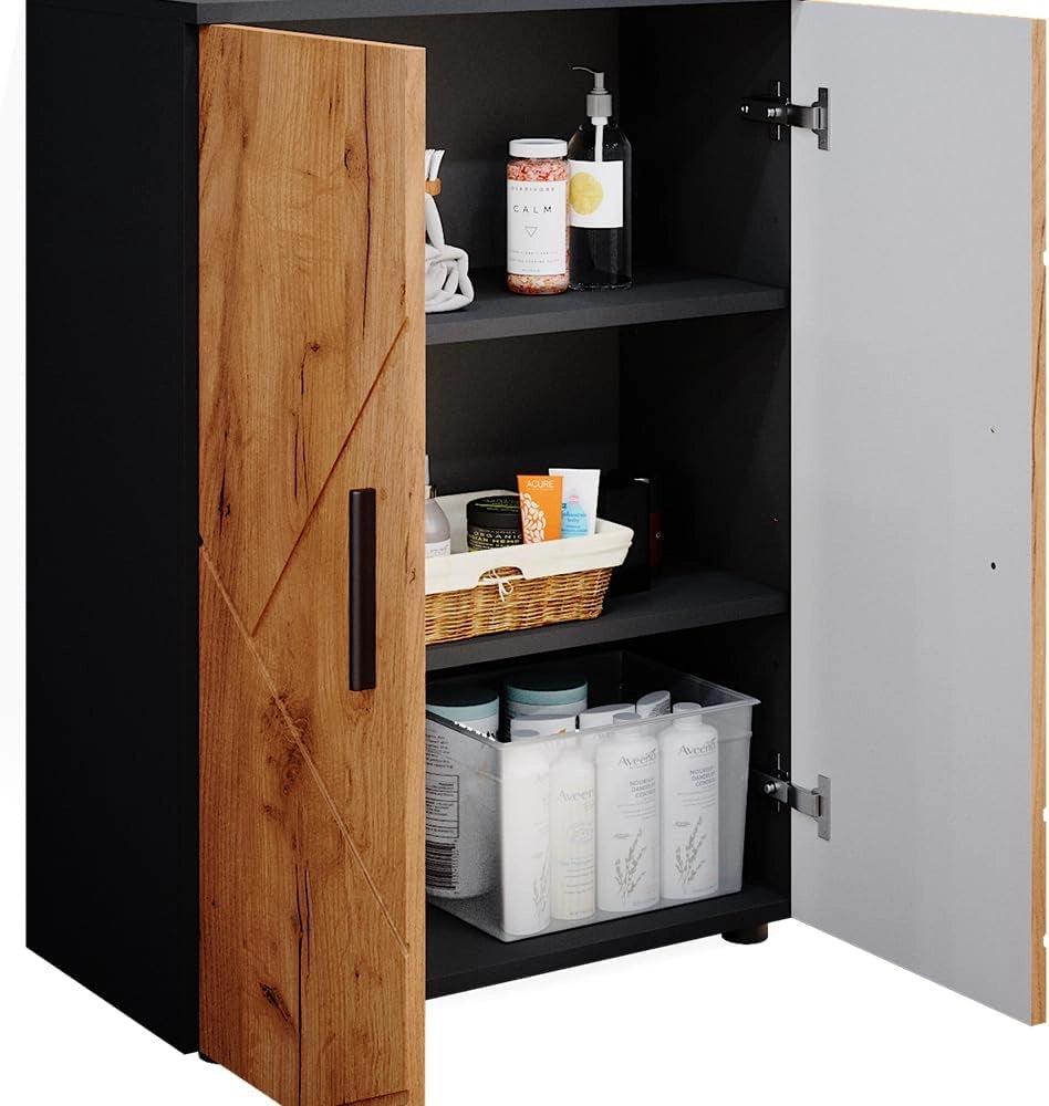 Mobiletto bagno Irma, Antracite/quercia dorata, 60 x 81 cm, per la conservazione in bagno e abbinabile alla serie Irma
