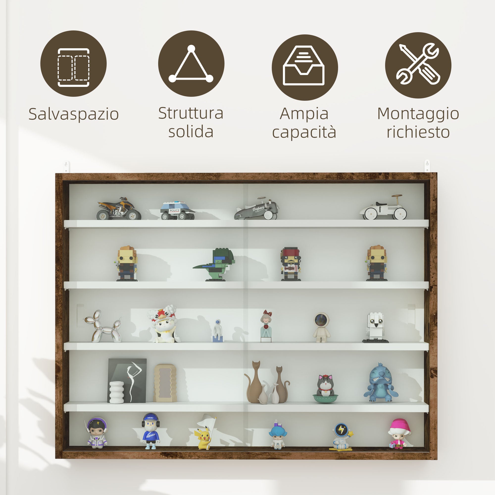 Bacheca Vetrina a Muro 4 Ripiani Regolabili 80x9,5x60 cm in Vetro e Legno Marrone