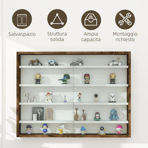 Bacheca Vetrina a Muro 4 Ripiani Regolabili 80x9,5x60 cm in Vetro e Legno Marrone