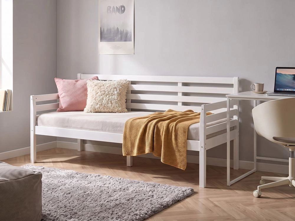 Divano letto in legno di gomma bianca, misura singola 90 x 200 cm con rete a doghe in stile moderno