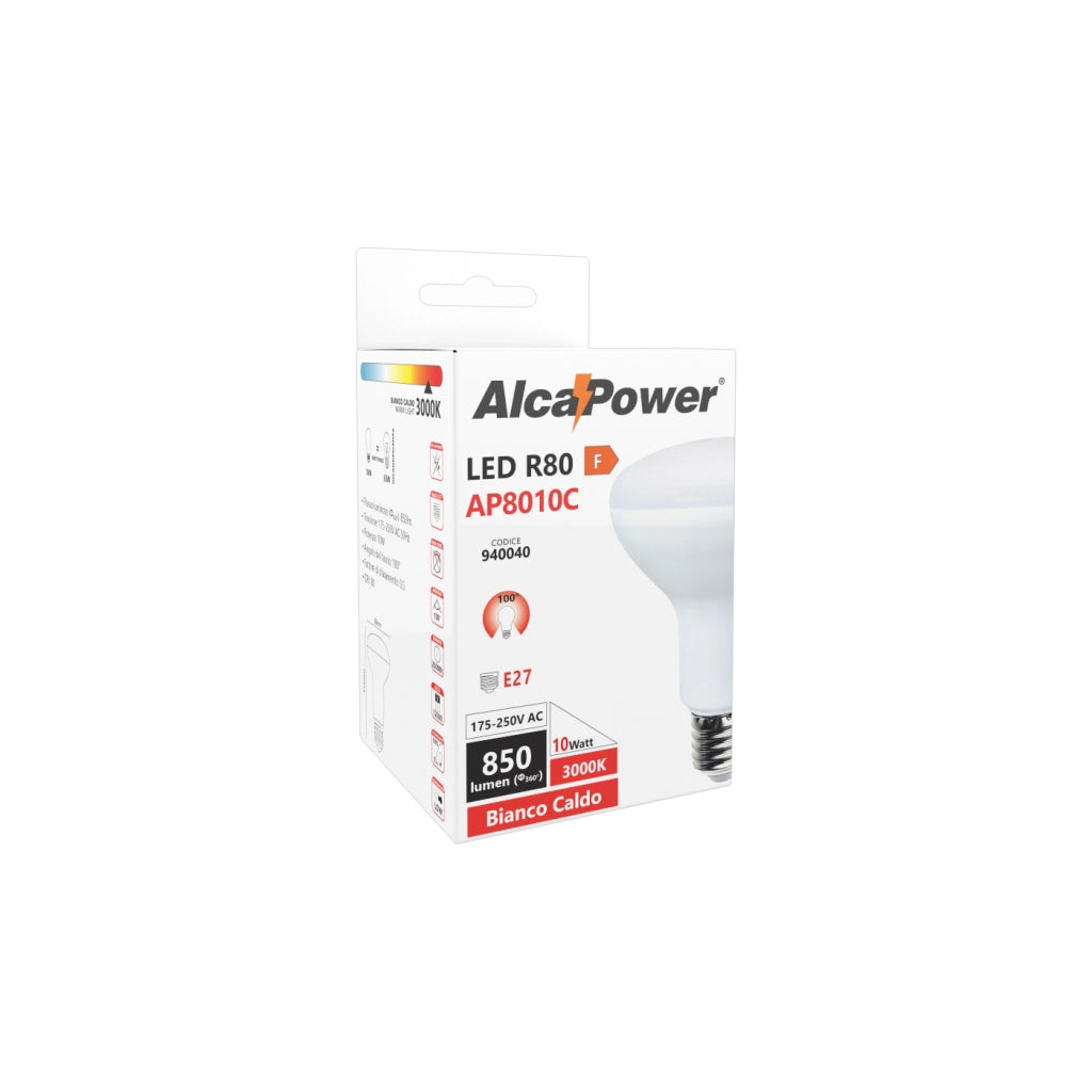 Alcapower Lampada LED Fungo R80 10W E27 850lm 3000K Luce Calda 25000 Ore Classe Energetica F, Ideale per Illuminazione Residenziale e Commerciale