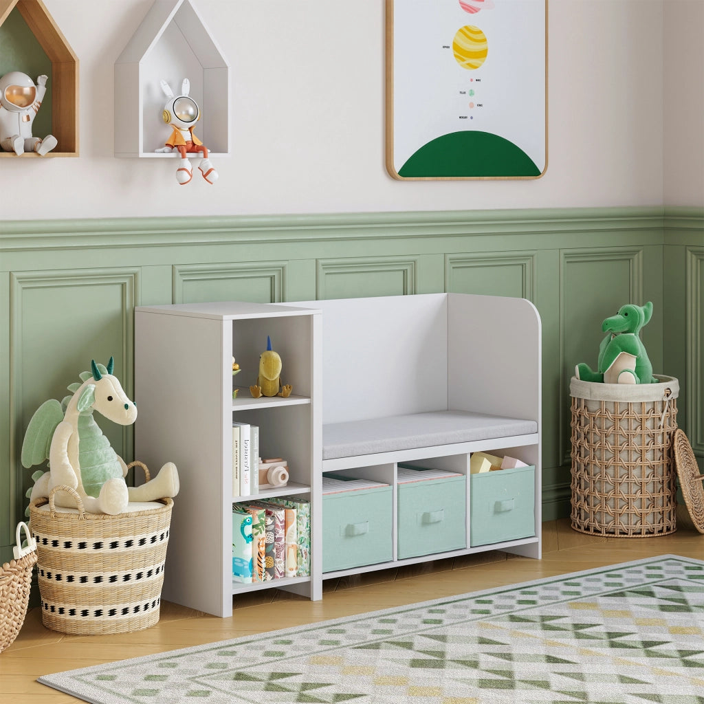 Scaffale per Cameretta Høylandet con Panca Scomparti e Scatole 76 x 112 x 40 cm - Bianco / Verde Menta [en.casa]