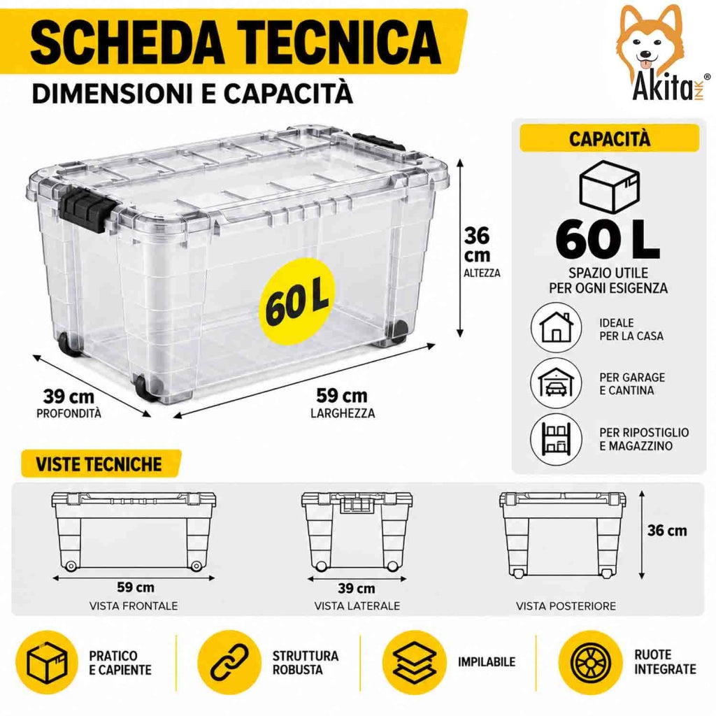 Akitaink Contenitore Box 60L Magic 4UP con Ruote Trasparente