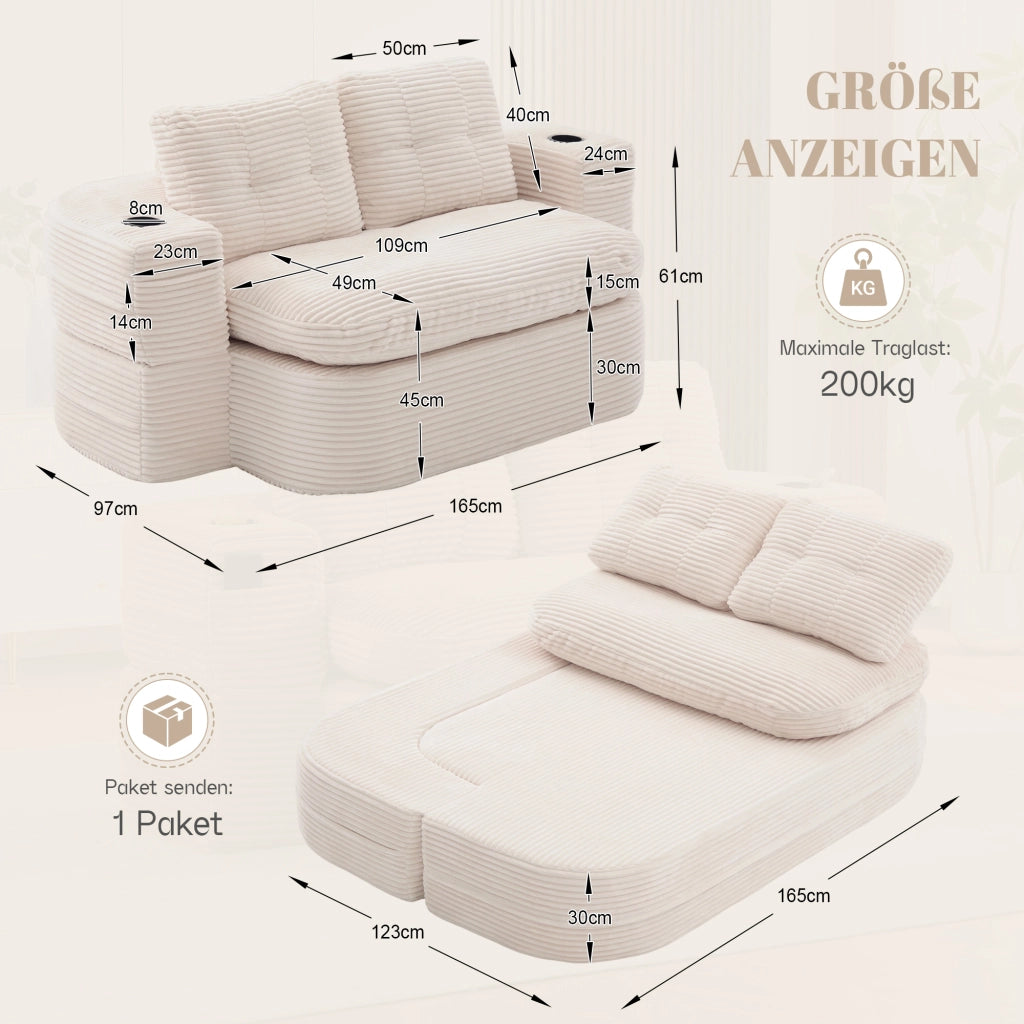 Divano convertibile 2 in 1 con braccioli rimovibili, portabicchieri doppi e schienale alto in velluto a coste beige