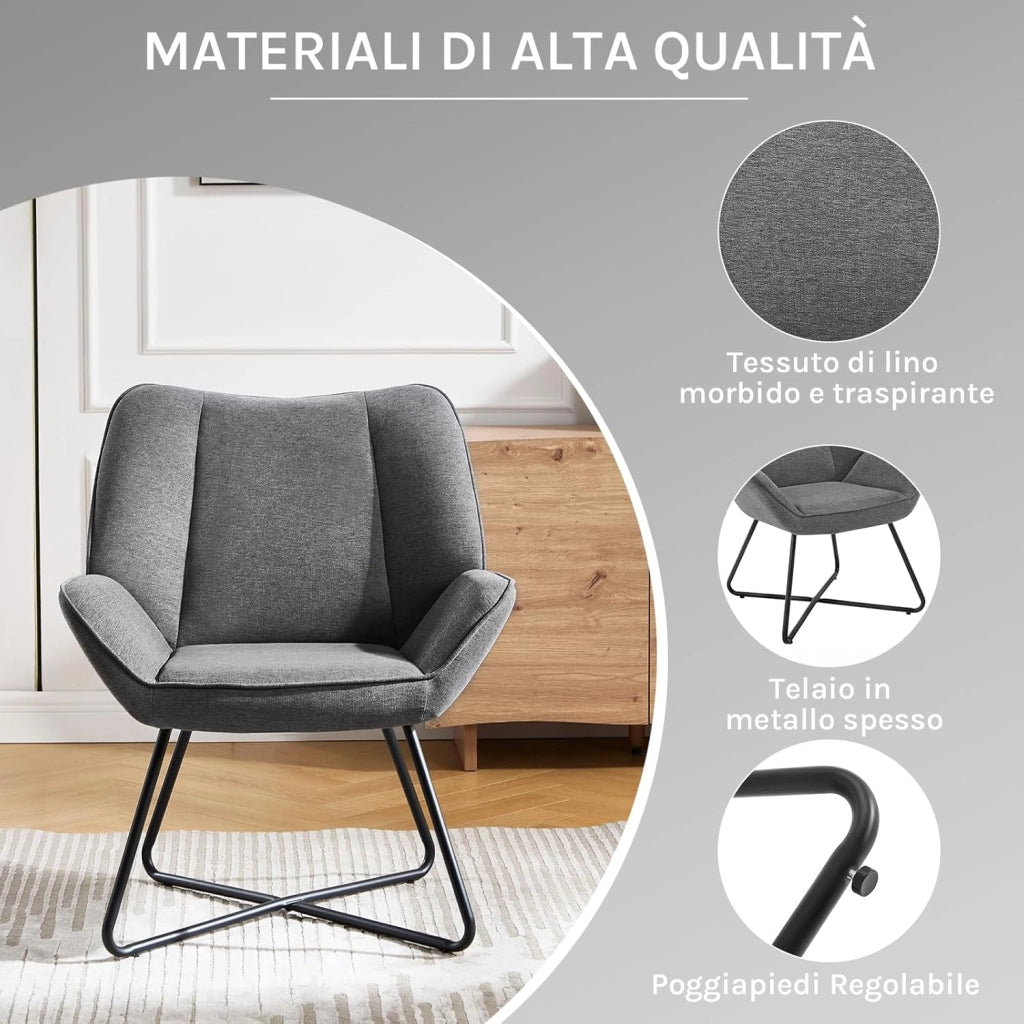 Poltroncina Camera da Letto, Poltrone Salotto, in Lino, con Gambe in Metallo, Portata 150 kg, Grigio Scuro