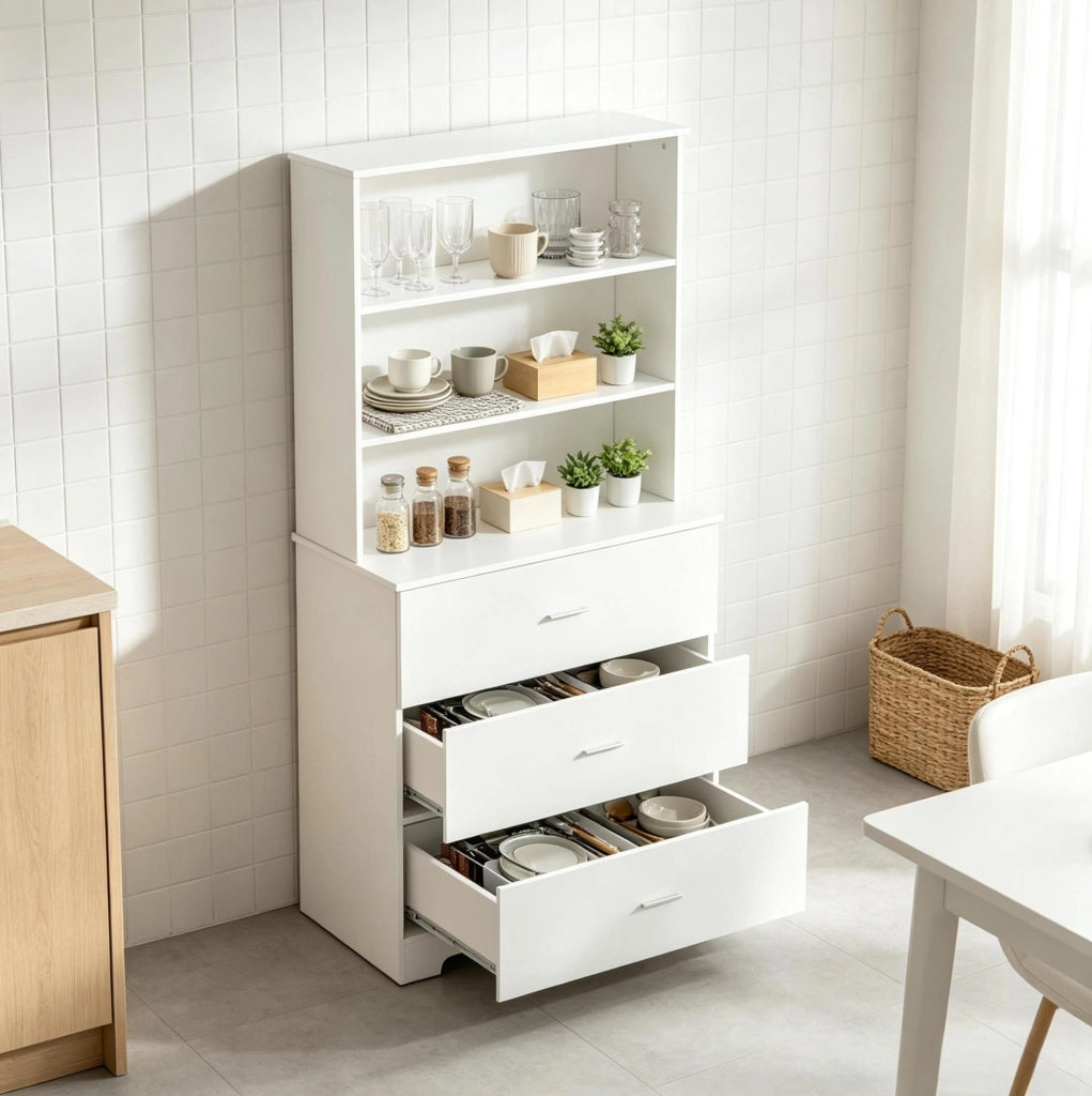 Libreria bianca con 3 ripiani aperti e 3 cassetti; 79 x 39;5 x 182;2 cm