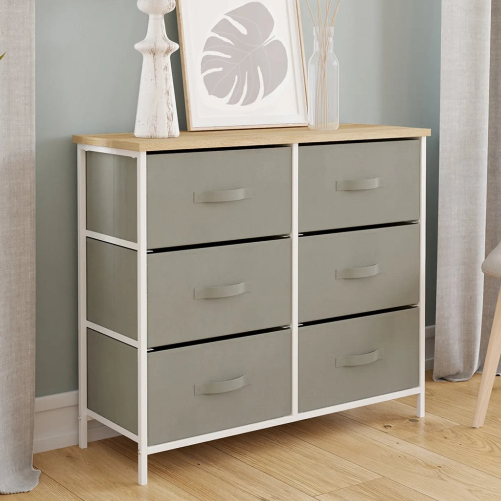 IDMarket - Arcón ALTA 80 cm 6 cajones en tejido gris claro con tapa efecto madera