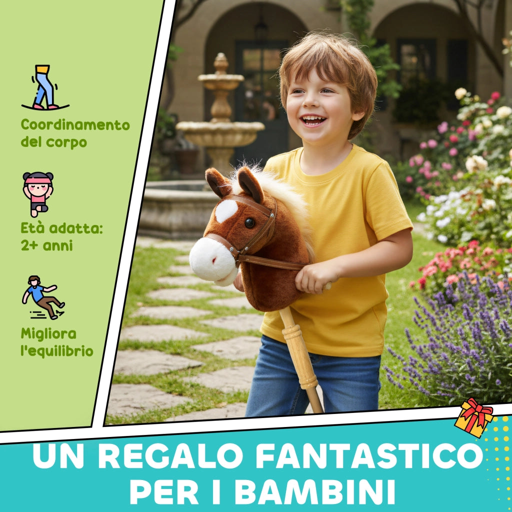 Cavallo con Bastone e Suoni ¨C Xylo ¨C Poliestere e Legno 95x25x27 cm Marrone