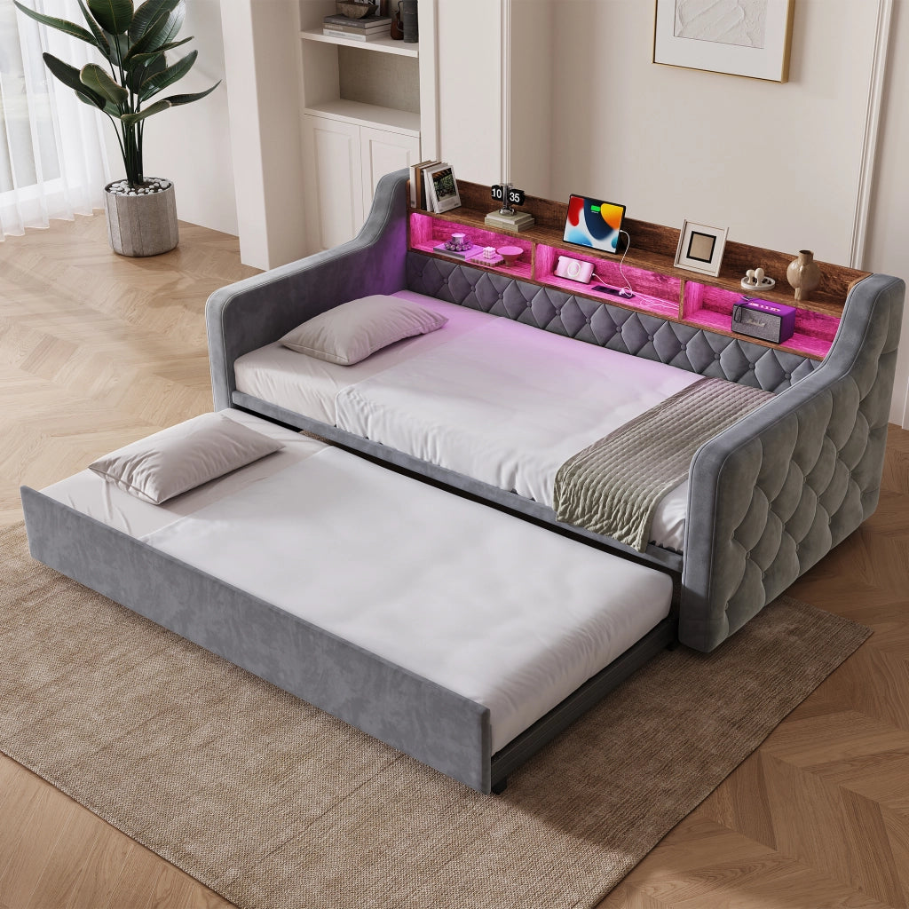 Letto divano estraibile 90 × 190 cm con contenitore, illuminazione LED, USB e Type-C, senza materasso, grigio scuro