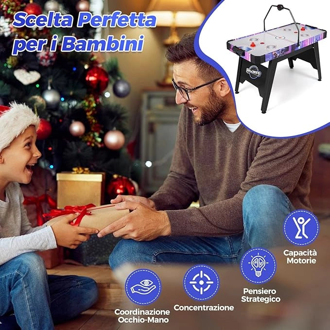 Tavolo Air Hockey, Tavolo da Gioco con Segnapunti Digitale LED 2 Spintori e 2 Dischi, 12V Potente Motore, per Casa Sala Giochi e Ufficio, 144 x 68 x 81 cm