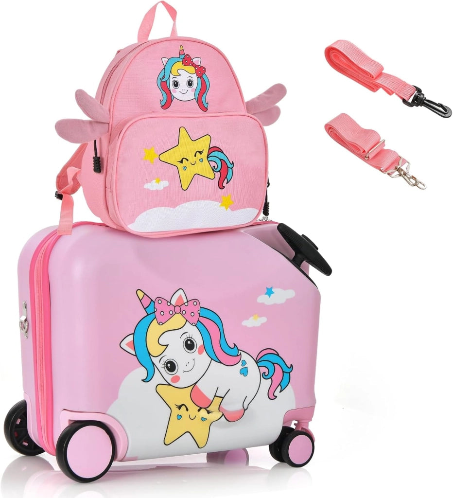 Valigia Cavalcabile per Bambini, 18" Valigia+ 12" Zaino,2 Pezzi, Trolley Bambini Bagaglio a Mano con Ruote Girevoli e Maniglia Retrattile, 2 Cingie Multiuso (Modello 5)