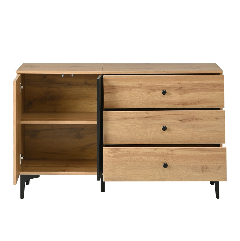 Sideboard 120x35x76 cm con anta e 3 cassetti in pannello truciolare nero e naturale