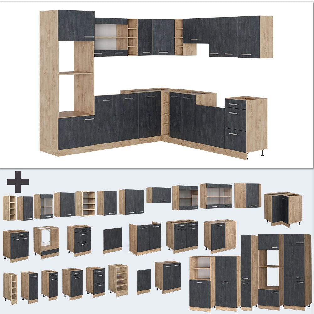 Cucina angolare completa R-Line Calce nera/Rovere dorato 247 x 237 cm PL Antracite Vicco