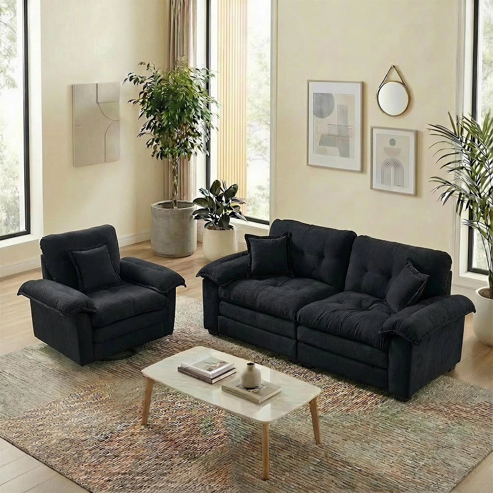 Set di divani in cheniglia 2 pezzi - Xylo - Divano singolo + chaise longue con imbottitura doppia e cuscini decorativi
