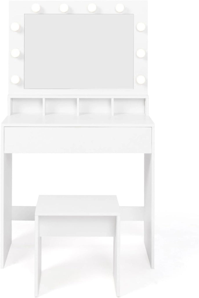 Mobiletto ZELIA con specchio LED, 4 nicchie, 1 cassetto e sgabello
