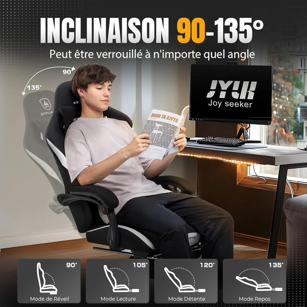 Sedia da gioco, sedia da ufficio, traspirante, in tessuto di alta qualità, ergonomica, sedia da scrivania, regolabile e girevole con poggiapiedi, nero