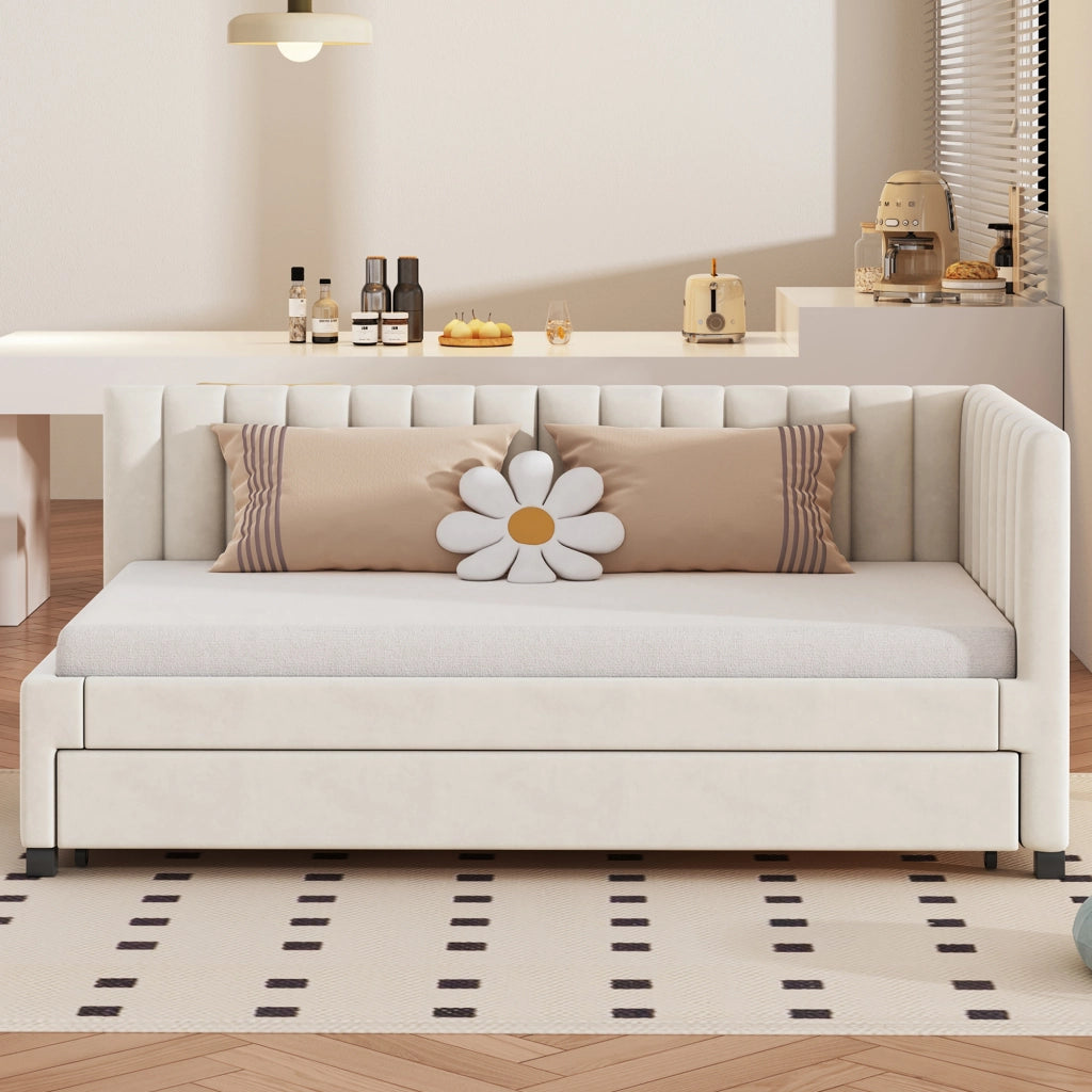OKWISH Letto a Divano 90×200 cm, Letto Singolo con Letto Estraibile, Testiera Imbottita e Rete a Doghe, senza Materasso, Beige
