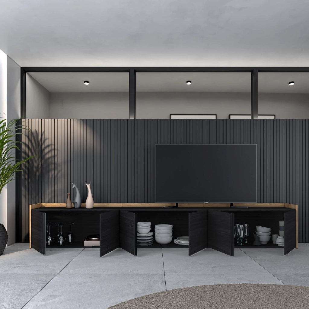 Mobile TV Soggiorno, 309x50x35 cm, Per TV fino a 80", Mobile Soggiorno, Nero e rovere