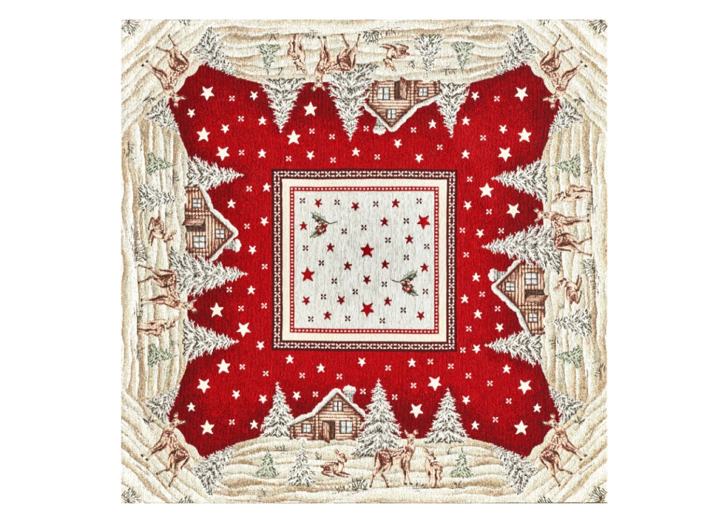 Tovaglia Centrotavola Centrino Tavolo Fantasie Natalizie Cinigliato Piazzato Made Italy - 90x90 - Chalet Red