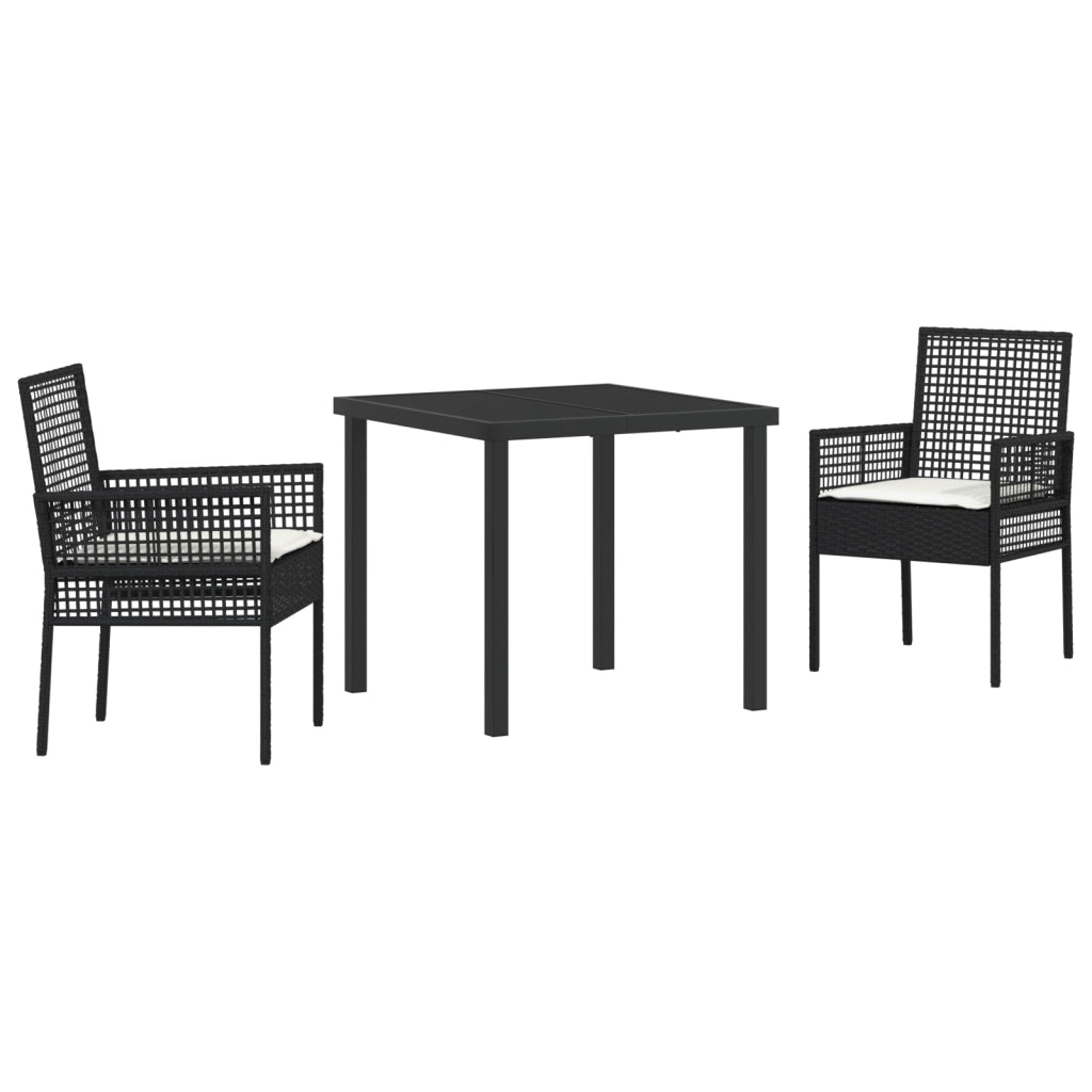 Set da Pranzo Giardino 3 Pezzi con Cuscini Neri in Polyrattan