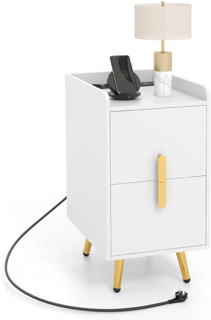 Comodino con Stazione di Ricarica, Comodino con 2 Cassetti, 2 Porte USB e 3 Prese, Tavolino Leterale con Gambe in Metallo, Portata Tolate 20 kg, 32 x 40 x 60 cm (1, Bianco)