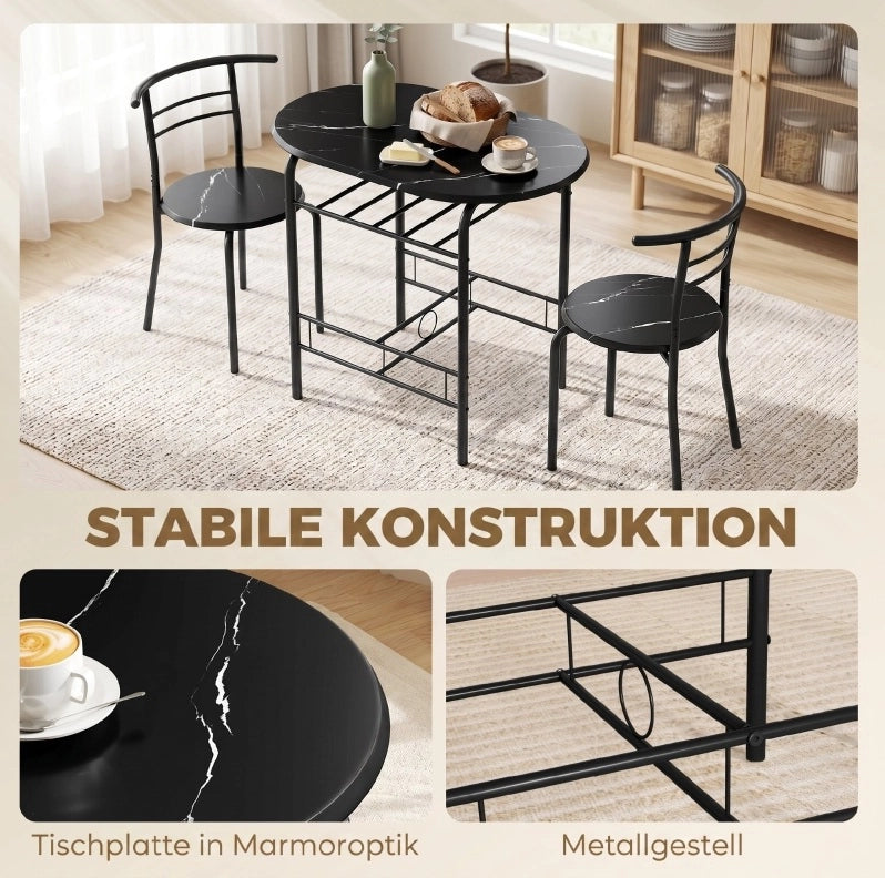 Set tavolo da pranzo con 2 sedie e ripiano effetto marmo nero