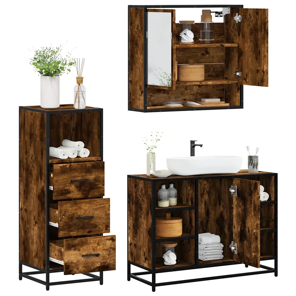 Set Mobili da Bagno 3 pz Rovere Fumo in Legno Multistrato 3301062