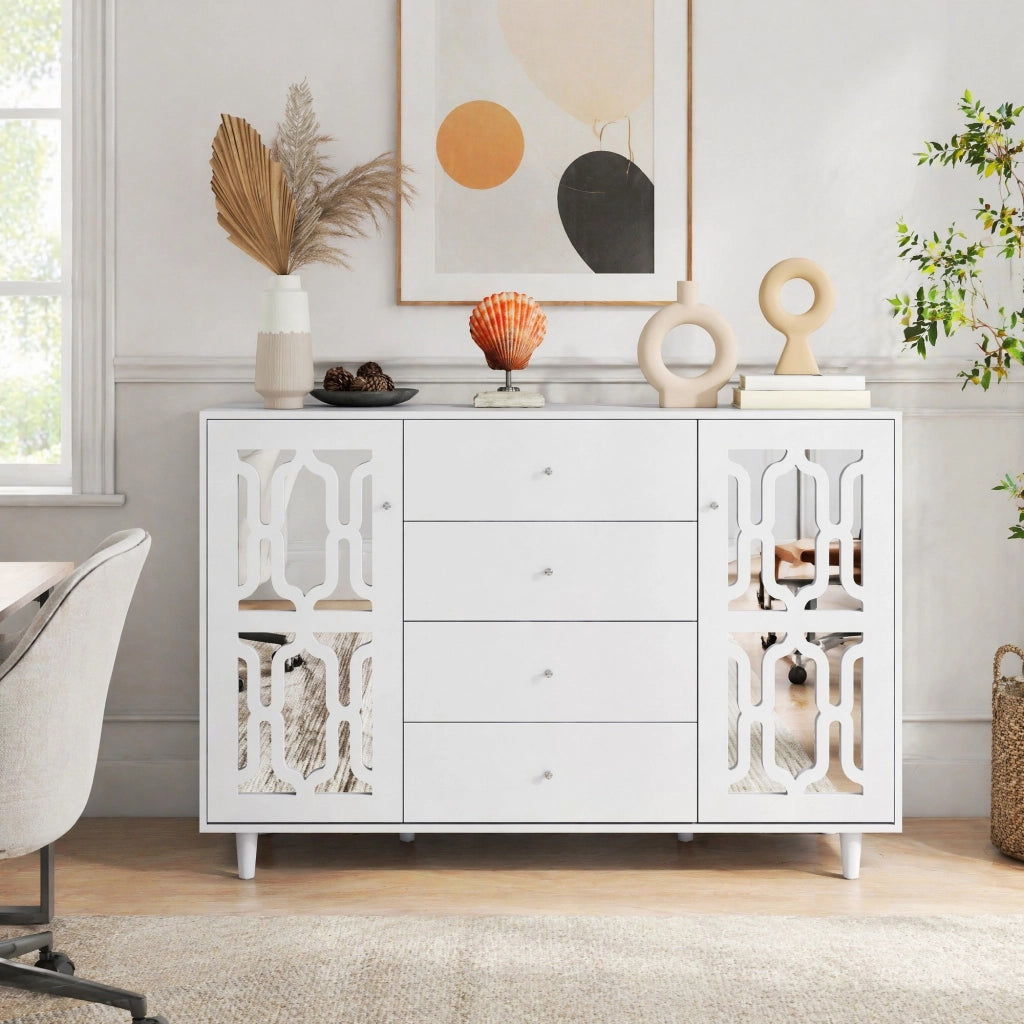 Credenza ULEVR 147x40x102 cm con 2 ante, 4 cassetti e pannelli a specchio, bianca
