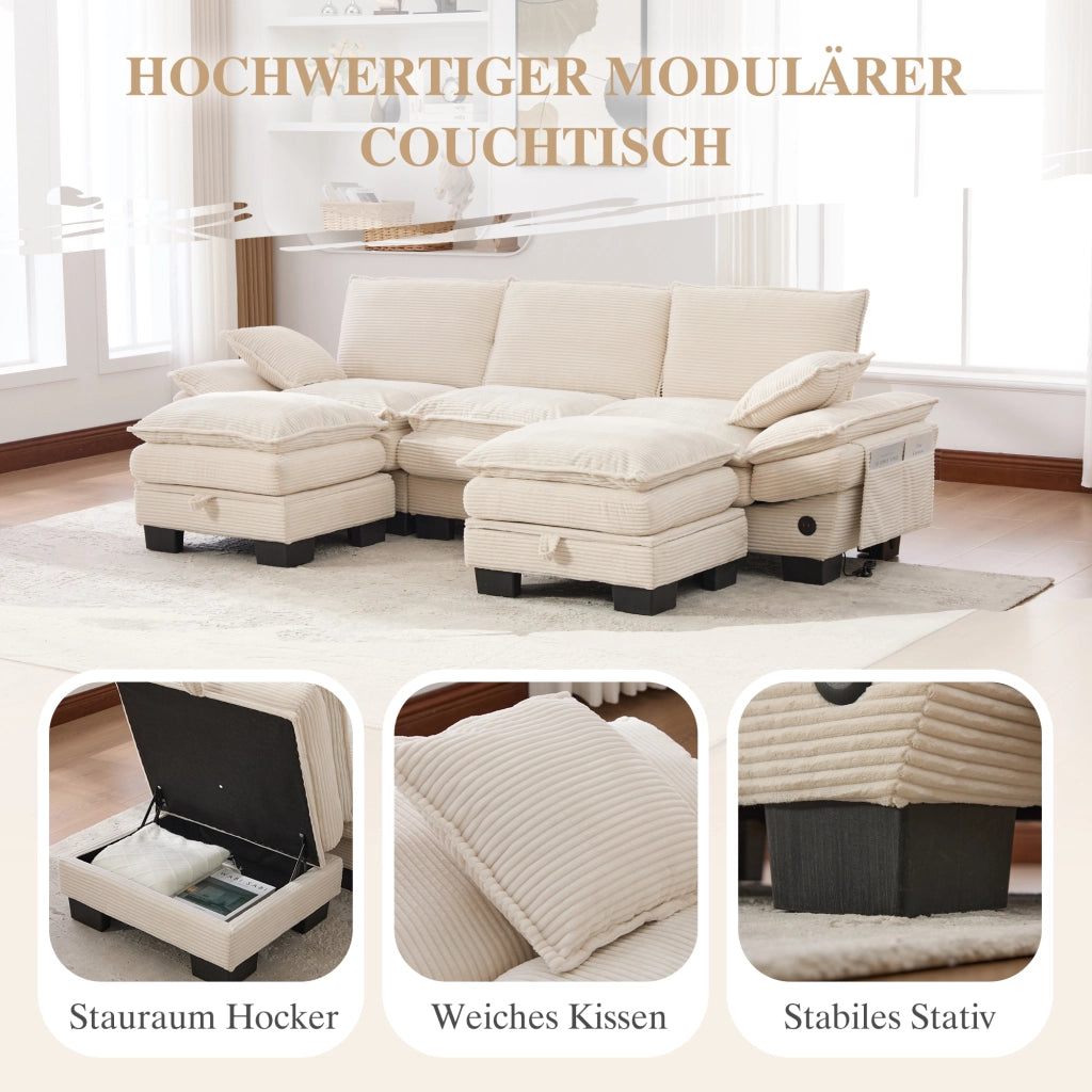 Divano modulare a 3 posti in velluto a coste con pouf porta USB-C tasche laterali e cuscini in schiuma beige
