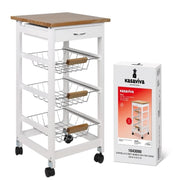 Carrello da Cucina in Legno 3 Cassetti Bianco Top Legno 37 x 37 x 76 cm