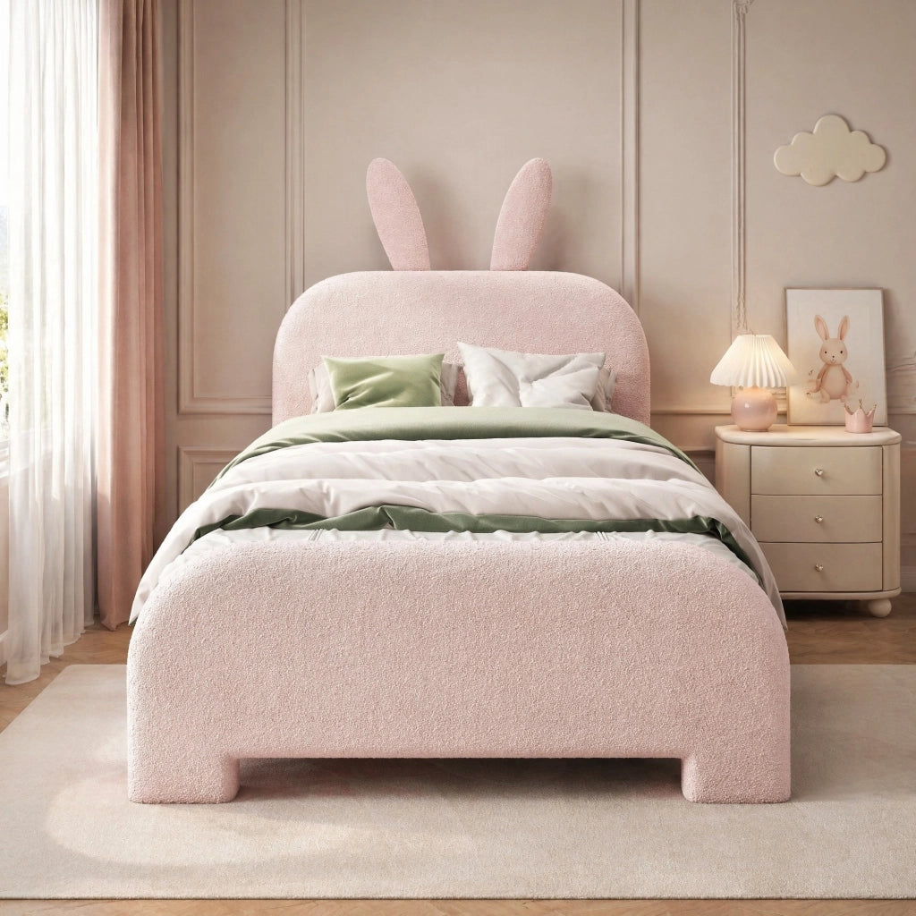 DESMIU Letto per bambini 90 × 200 cm 1 posto con 2 cassetti e testiera a coniglio, senza materasso, in peluche, rosa