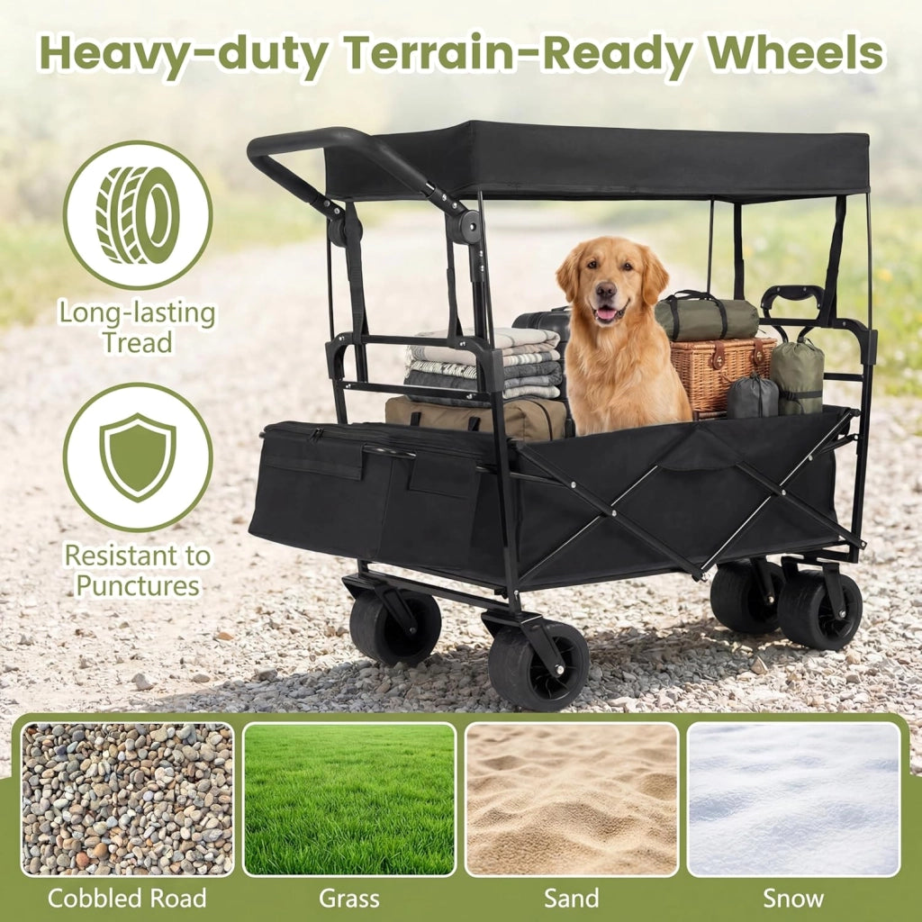 Carrello Spiaggia Pieghevole con Tetto, Carrello da Trasporto con Ruote Grandi e Borsa Portatutto, Carrello da Campeggio e Giardino, in Acciao Resistente, Chiusura Rapida, 100 KG, 100L (Nero)