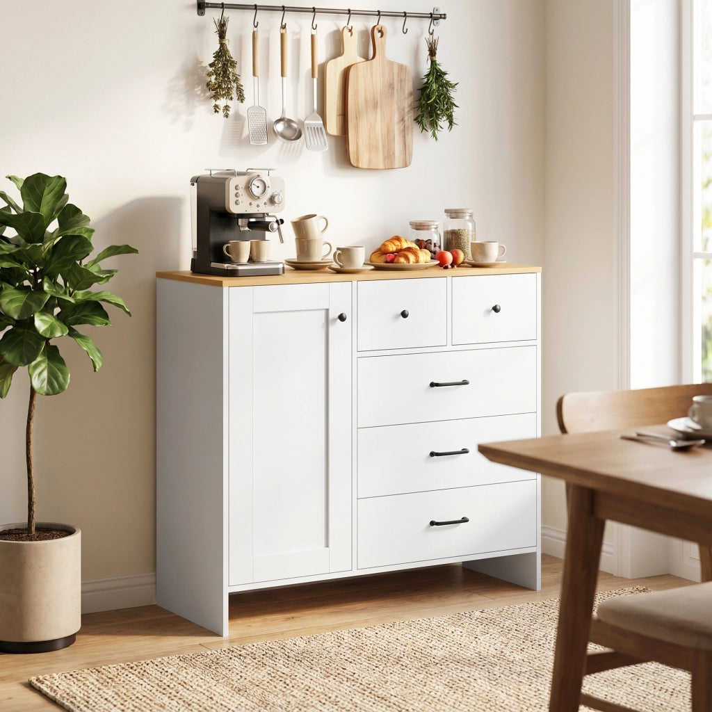 Credenza con 5 Cassetti e Anta Stile Rustico ¨C Xylo ¨C Bianco 100x40x94 cm