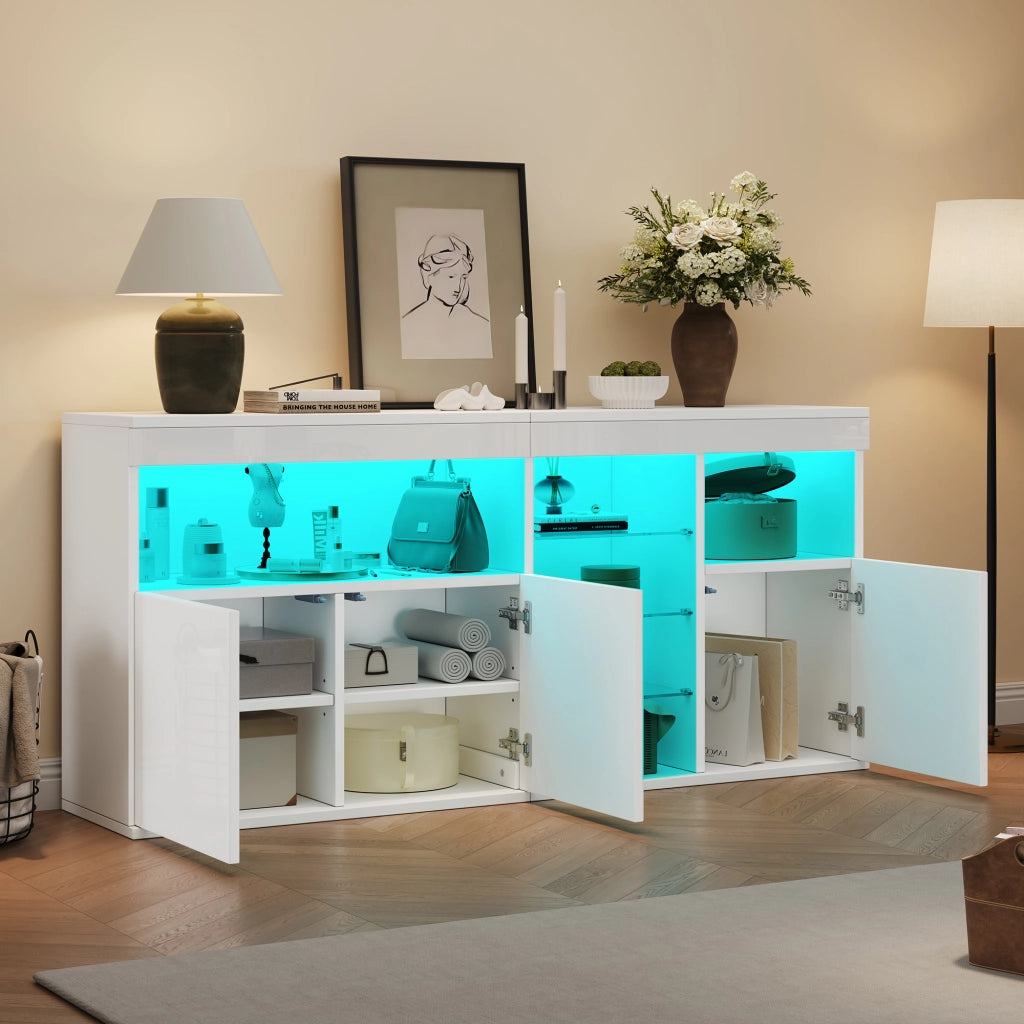 Credenza e madia con LED e 3 ante, 1 vano aperto e ripiani in vetro, per soggiorno, bianco, 155,5 × 35 × 72 cm